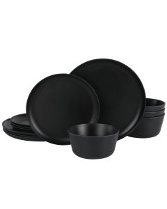 Gibson Home Fairhope 12 Piece Melamine Round Dinnerware Set in Matte Black