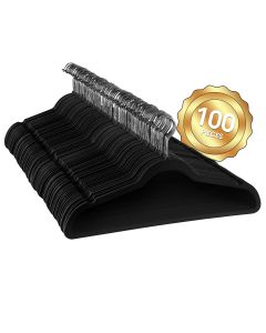 100 Piece Set of Velvet Slim Profile Heavy Duty Felt Hangers with Stainless Steel Swivel Hooks in Black