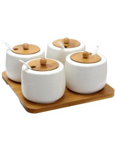 Elama Ceramic Spice, Jam and Salsa Jars with Bamboo Lids & Serving Spoons