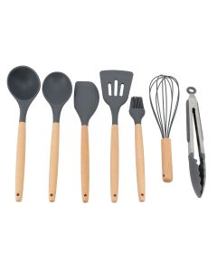 Gibson Home Holton 7 Piece Silicone Beech Wood Kitchen Tool Set in Grey