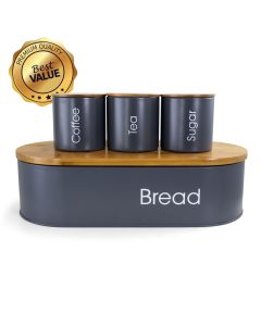 MegaChef Bamboo Kitchen Countertop 4 Piece Metal Bread Basket and Canister Set in Gray with Lids