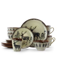 Elama Majestic Elk 16 Piece Luxurious Stoneware Dinnerware with Complete Setting for 4